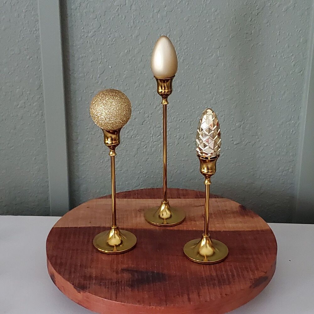 Gold Candle stick Holders Set of 3 w/ Christmas Ornaments Holiday Centerpiece